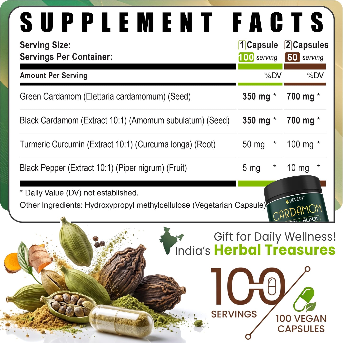 Herbpy 4in1 Cardamom Powder Capsules 100 Count