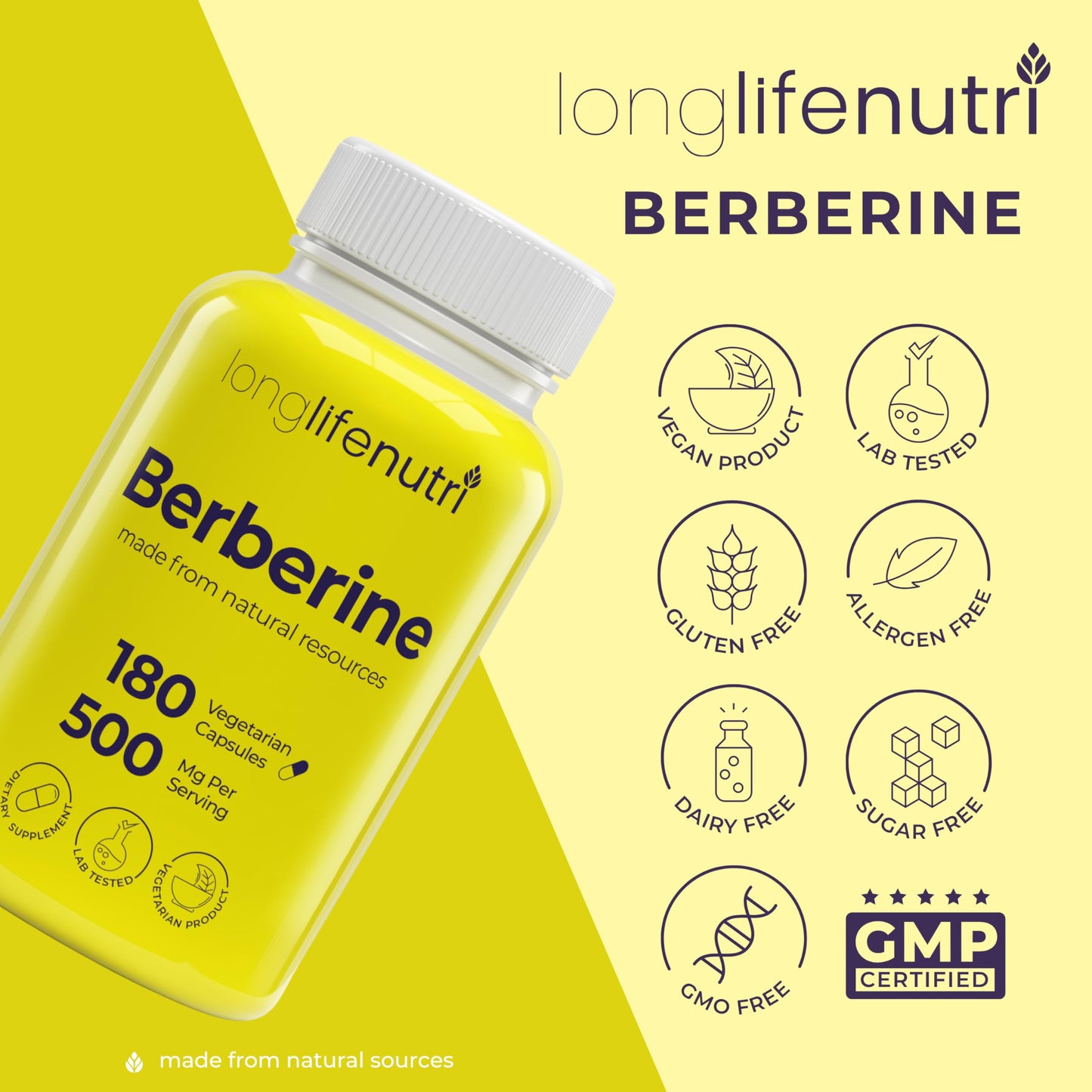 LongLifeNutri Berberine 500mg HCL Extract Vegetarian Capsules, 180 Count