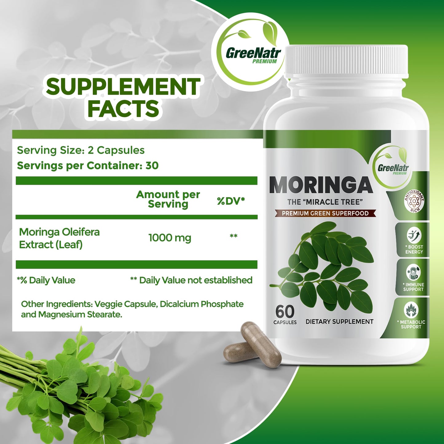 GreeNatr Pure Moringa Oleifera Leaf Extract Capsules 180 Capsules