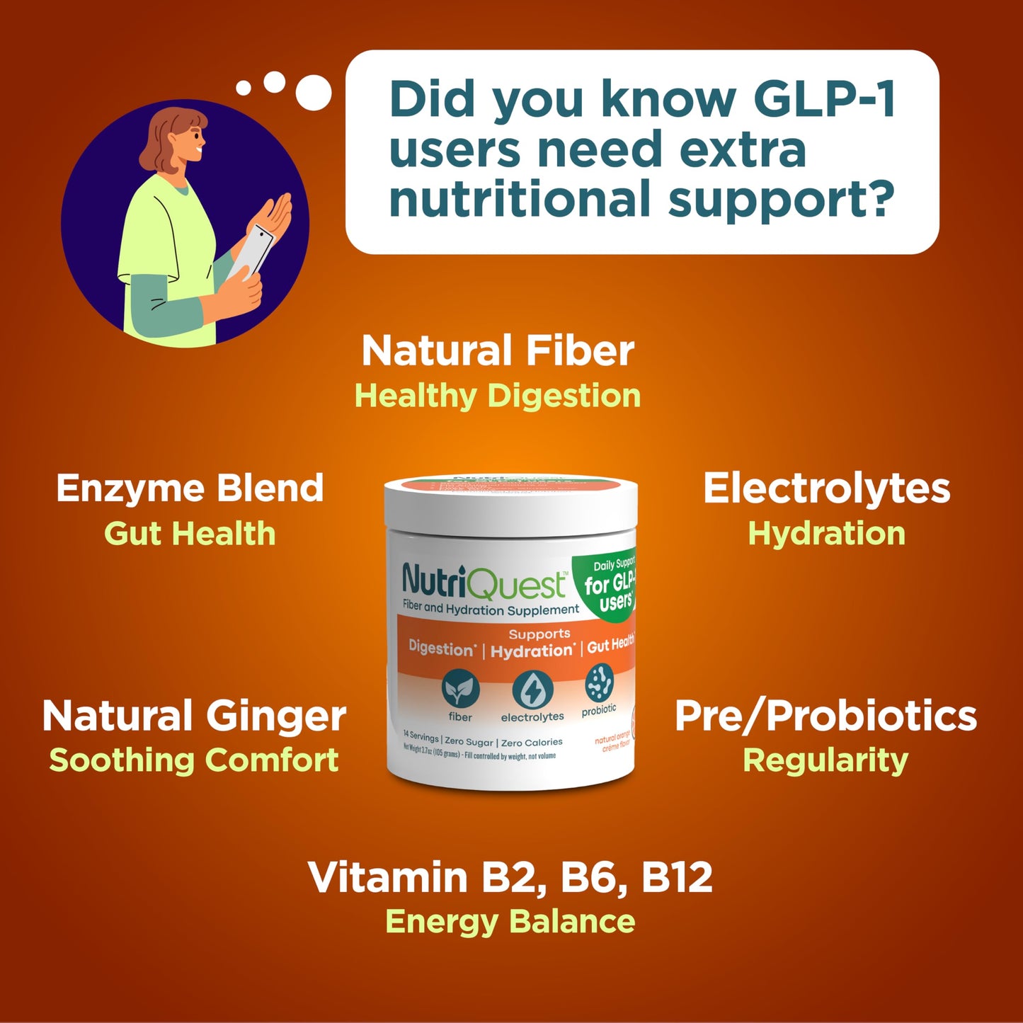 NutriQuest Daily GLP-1 Supplement for Digestion, Hydration, Gut Health Support, Powder, 3.7 oz