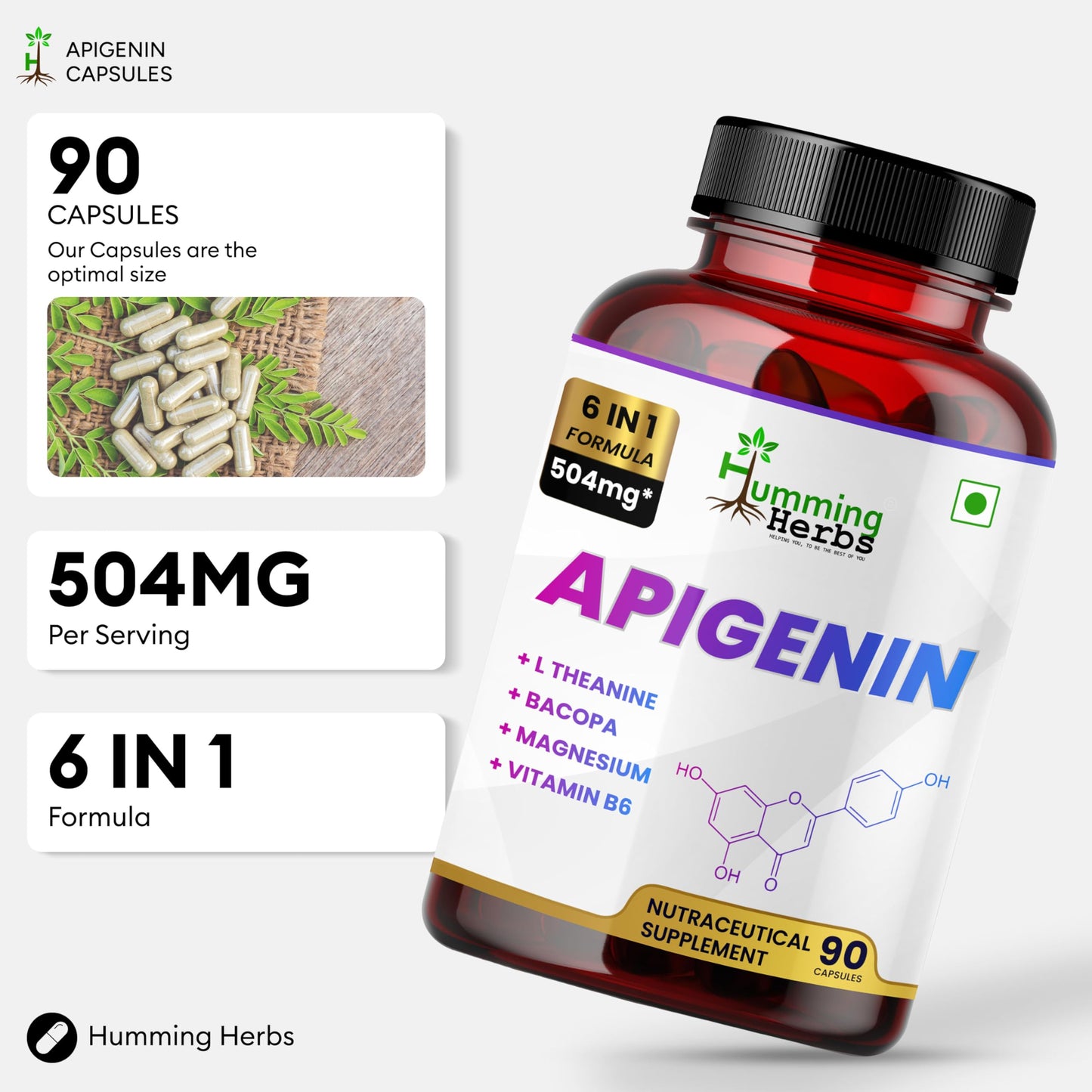 Humming Herbs Apigenin 504mg 6-in-1 Brain & Wellness Supplement with L-Theanine, Bacopa, Magnesium, Vitamin B6, Piper Nigrum, 90 Vegan Capsules