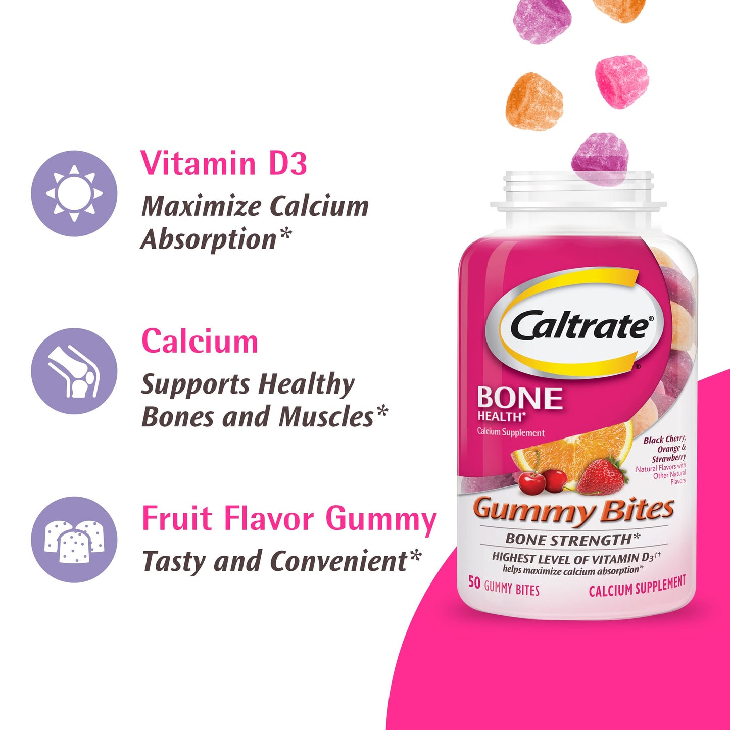 Caltrate Gummy Bites 600 Plus D3 Vitamin D and Calcium Supplement, 100 Count