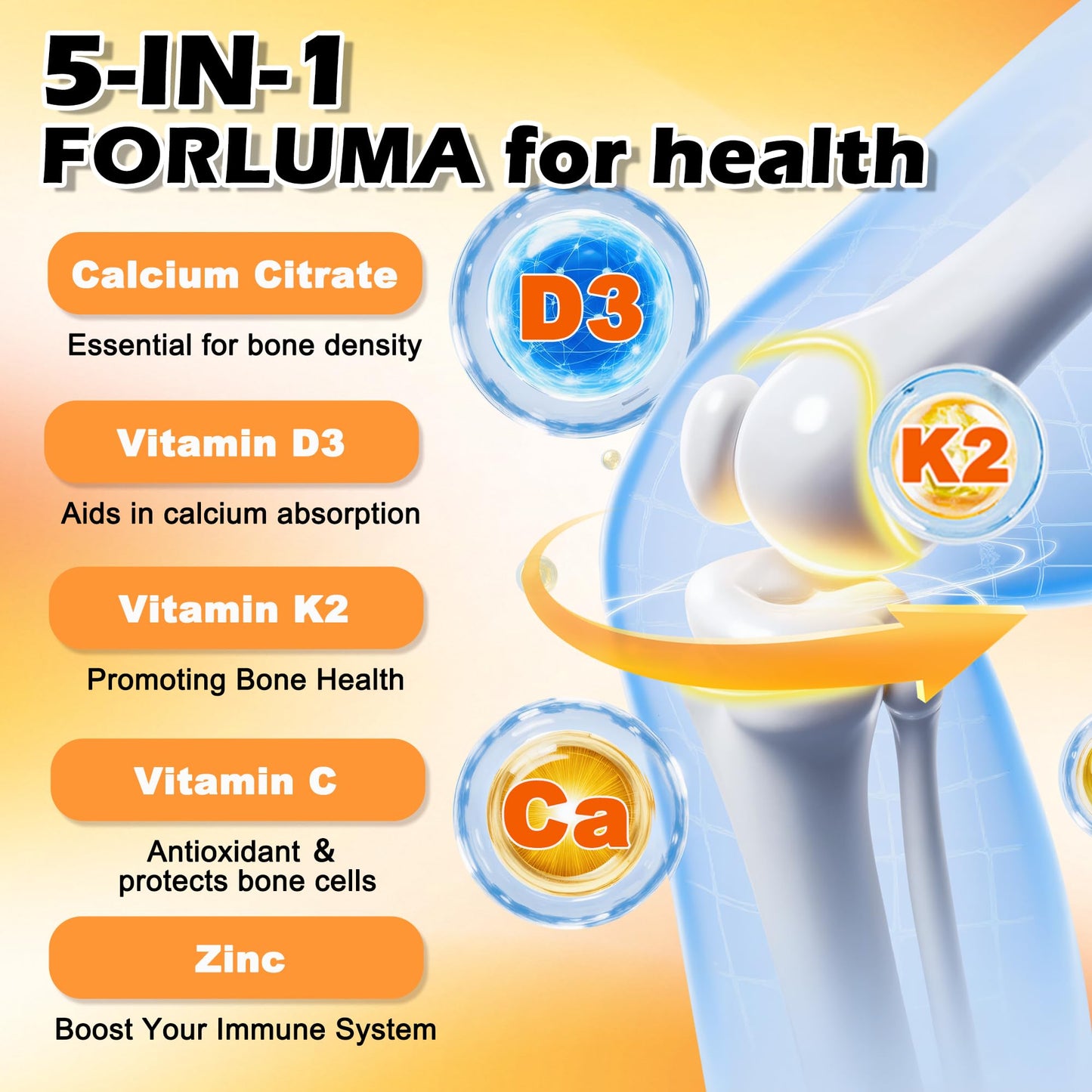 tsunshnes Calcium Citrate Gummies 1200mg with Vitamin D3, K2, Zinc and Vitamin C 5-in-1 Immune Support - Sugar Free, Non-GMO Chewable - Orange Flavor, 60 Count