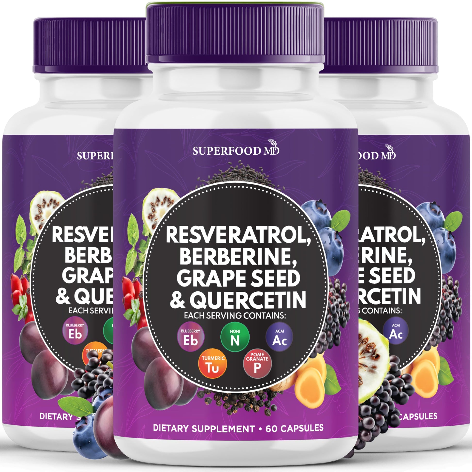 Superfood MD Resveratrol Berberine Grape Seed Extract Quercetin Polyphenol Supplement with Noni Extract, N-Acetyl Cysteine, Acai Extract Capsules, 180 Capsules