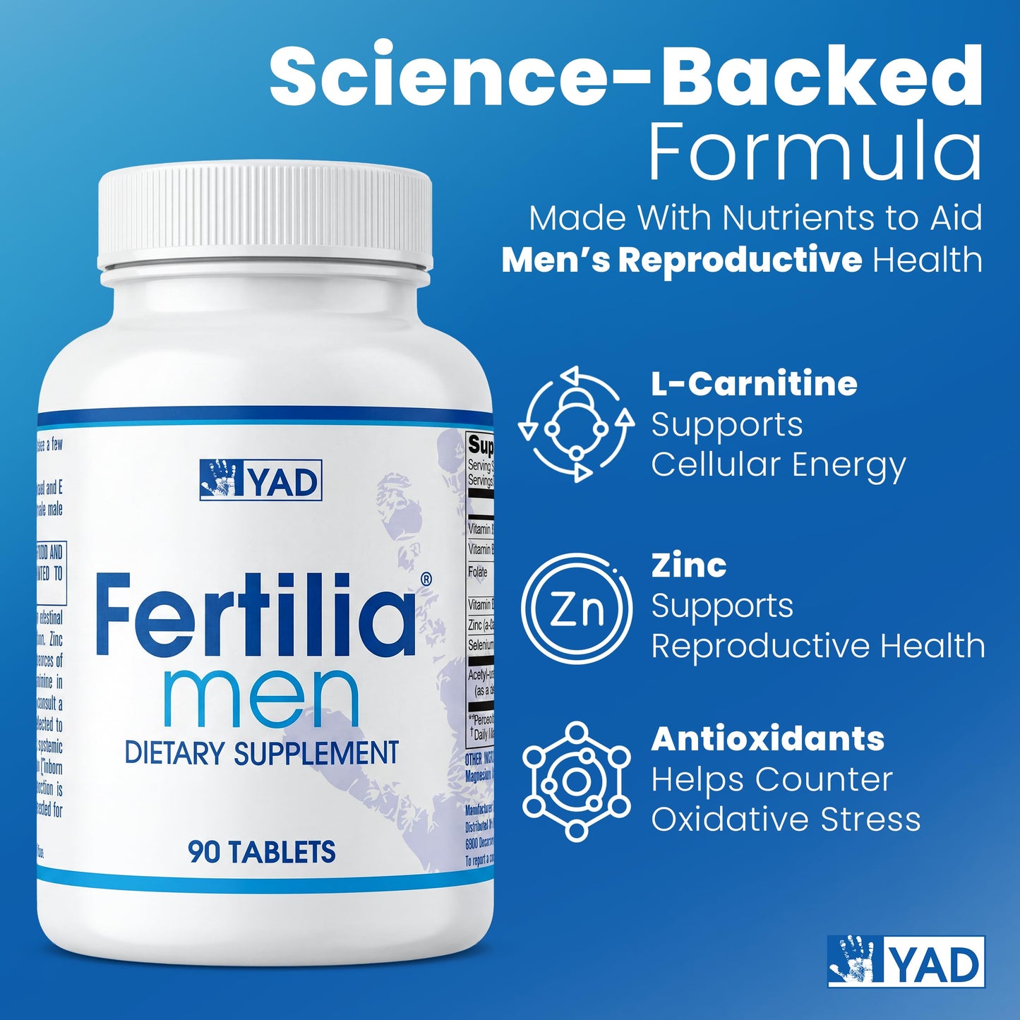 Fertilia Men's Fertility Support Pre-Conception Supplement with L-Carnitine, Zinc & Antioxidants, Non-GMO, Gluten-Free, Dairy-Free, 90 Tablets