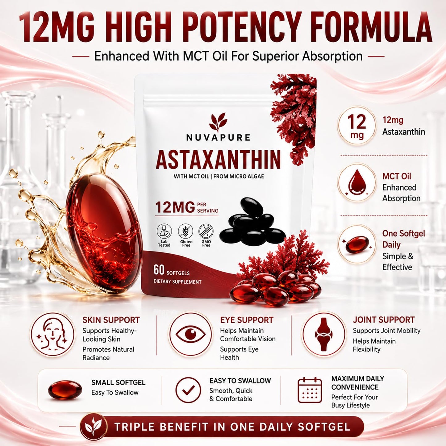 Heniqut NuvaPure Astaxanthin 12mg with MCT Oil Softgel 1 Count