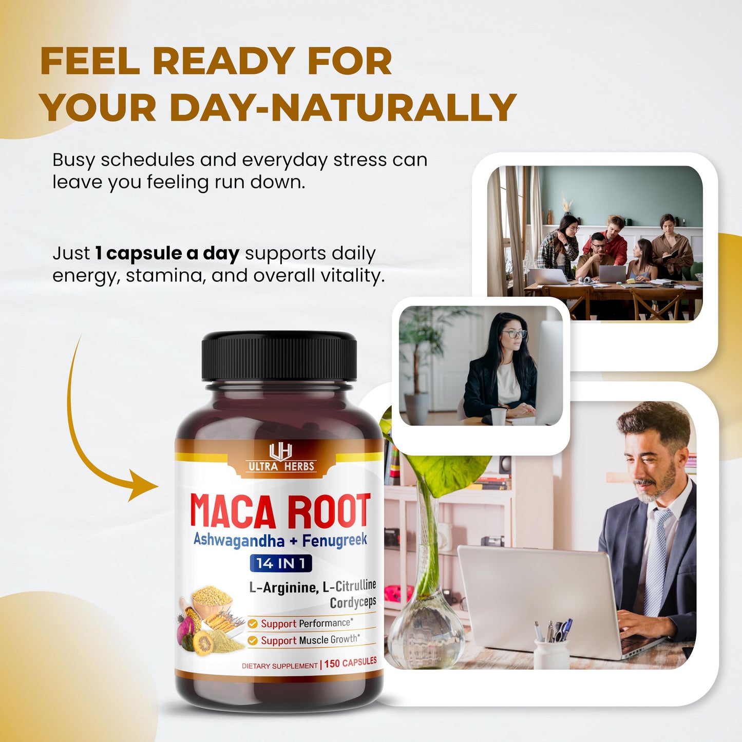ULTRA HERBS Peruana Maca Root Black, Red, Yellow Capsules, 150 Count