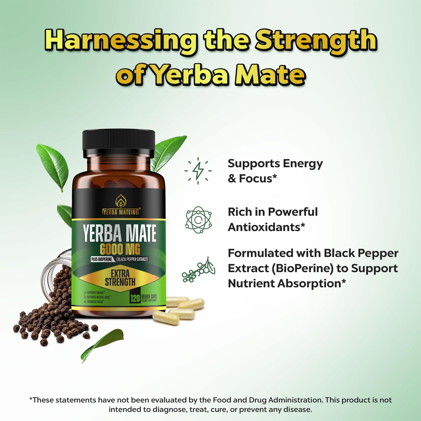 Yerba Mateine Extra Strength Yerba Mate High Potency, 60mg Caffeine Per Capsule, 120 Capsules