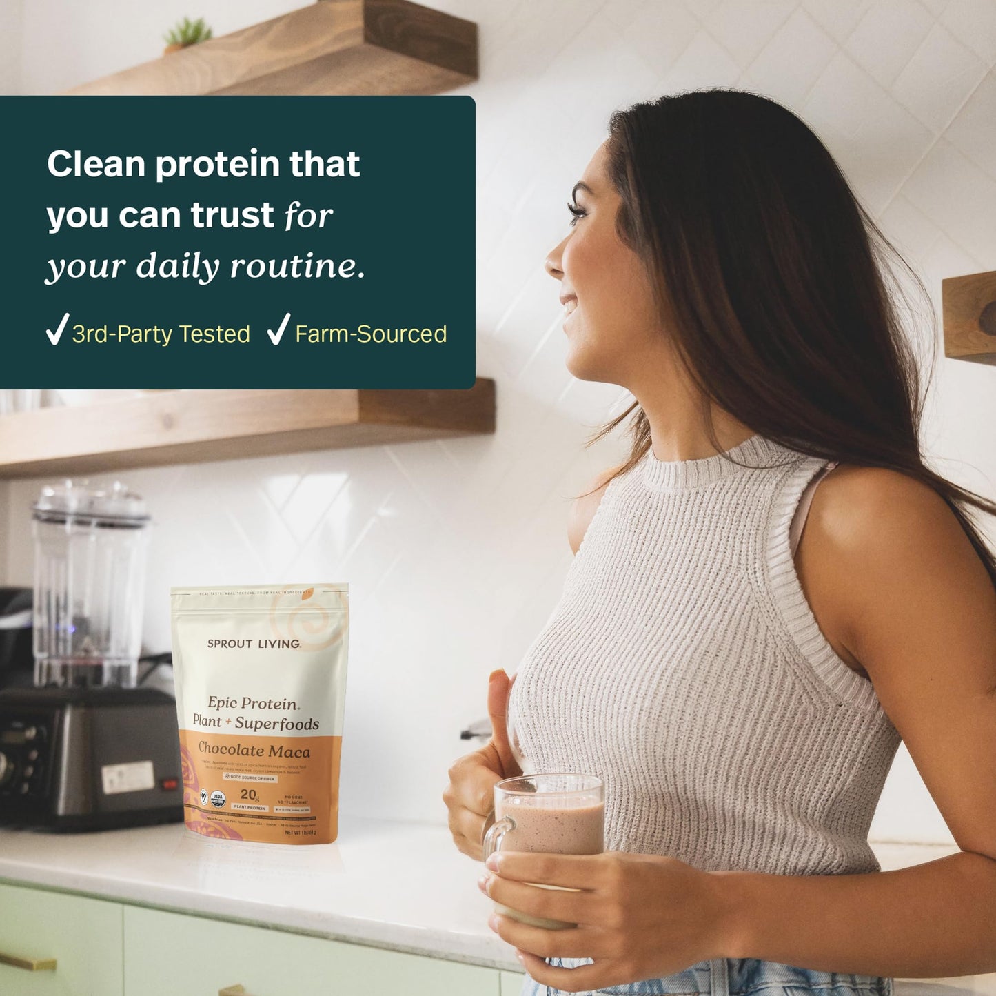 Sprout Living Epic Protein Plant Based Protein & Superfoods Powder Chocolate Maca, 16 Servings
