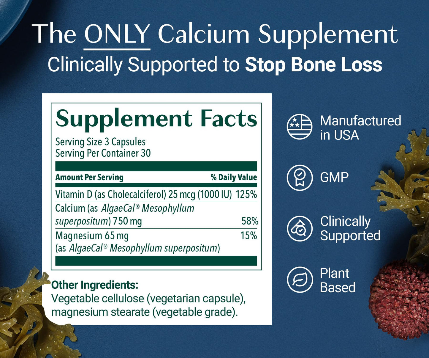 ALGAECAL Plant Based Calcium Supplement for Women & Men - Organic Calcium 750mg with Vitamin D3 1000 IU, 13 Minerals for Bone Strength, Bone Health Support, 270 Capsules
