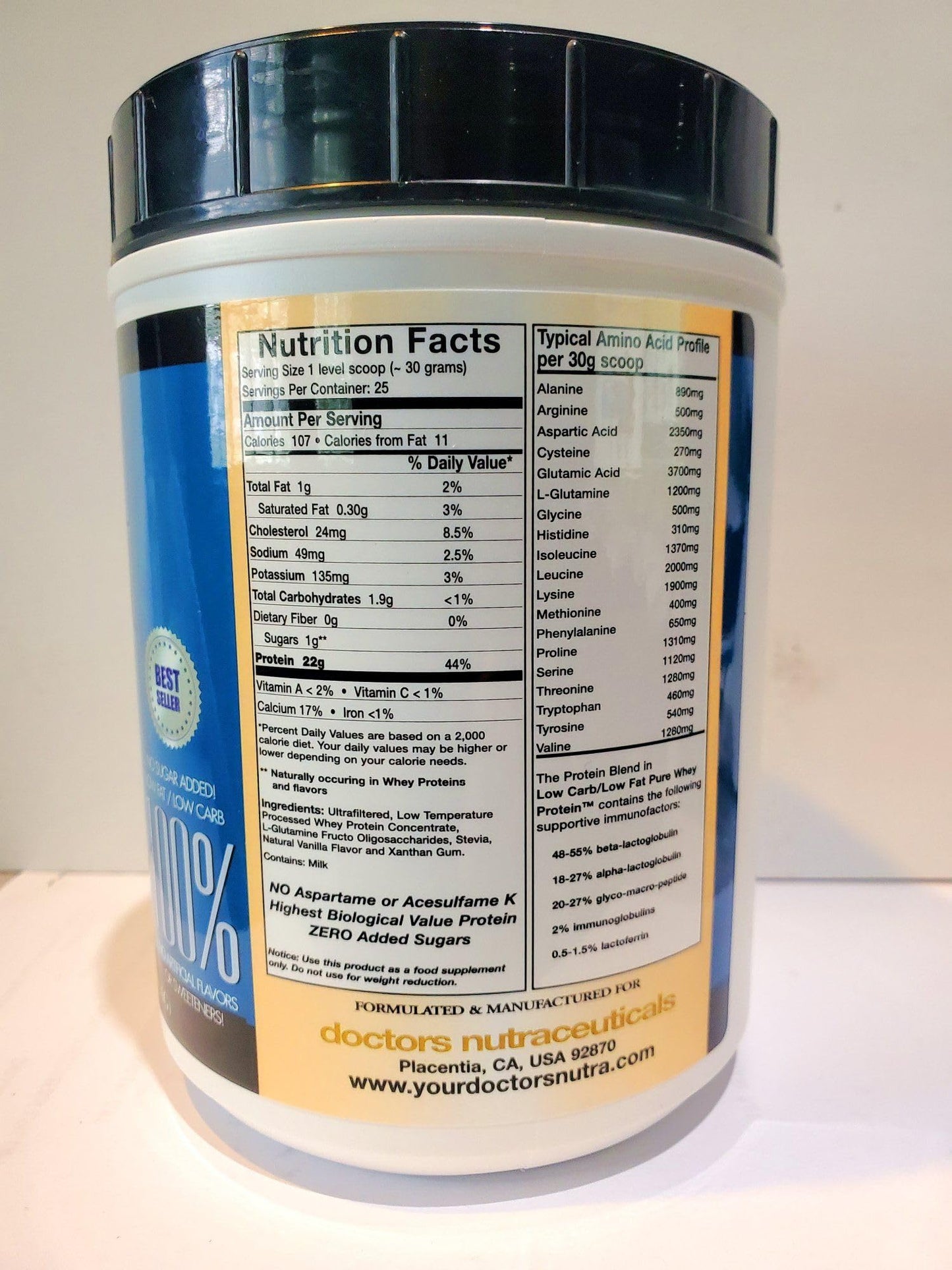 Doctors Nutra Nutraceuticals 100% Pure Undenatured Grass Fed Whey Protein Powder Rich Vanilla Flavor Ultrafiltered with 1000 mg Added L-Glutamine, 2 lb, 32 Servings