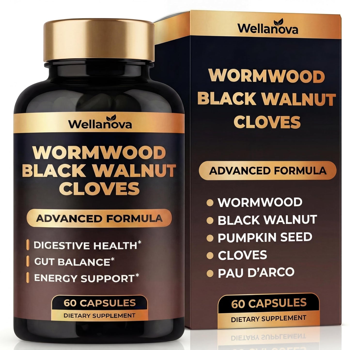 Wellanova Wormwood Black Walnut Clove Cleanse Advanced Detox Formula for Adults Gut Health Supplement, 60 Capsules