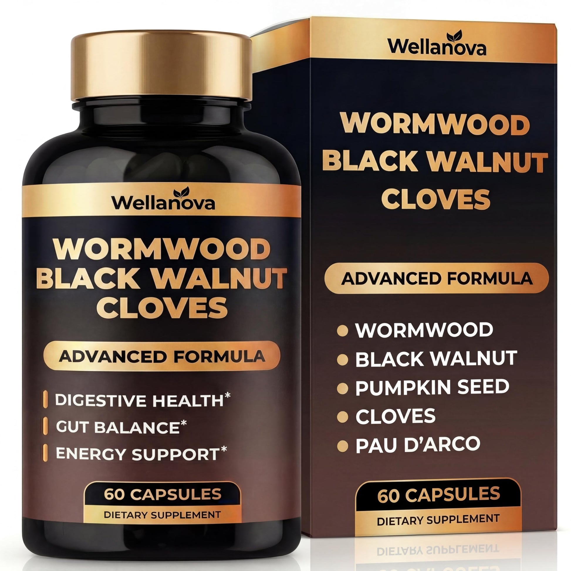 Wellanova Wormwood Black Walnut Clove Cleanse Advanced Detox Formula for Adults Gut Health Supplement, 60 Capsules