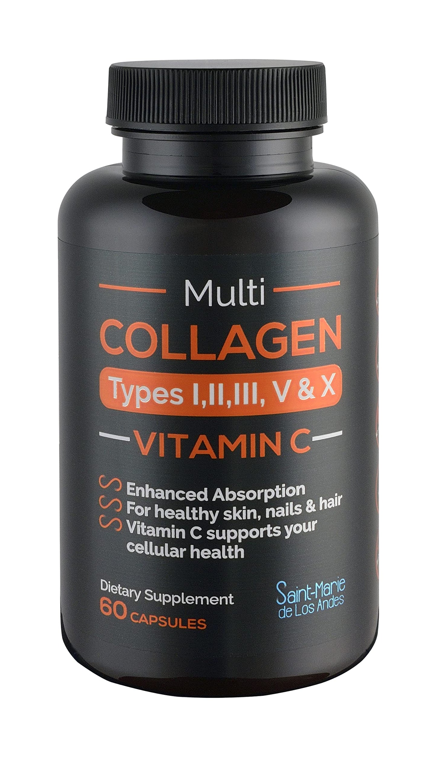 Saint-Marie de los Andes Multi Collagen Pills (Types I, II, III, V & X) + Vitamin C + Absorption Enhancer, Capsule, 60 Count