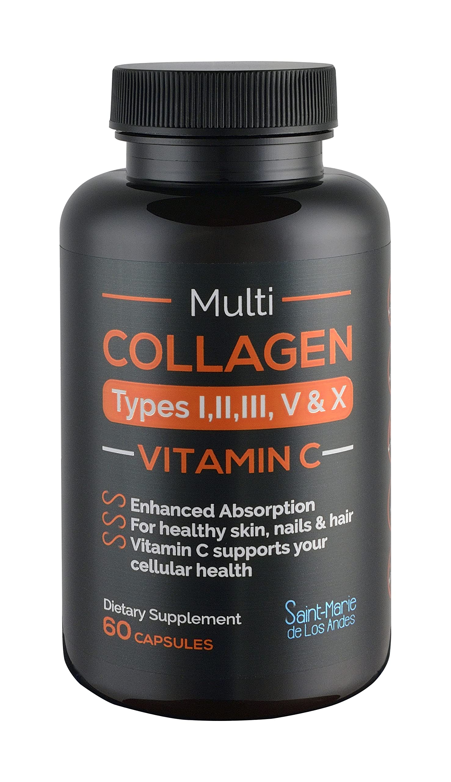 Saint-Marie de los Andes Multi Collagen Pills (Types I, II, III, V & X) + Vitamin C + Absorption Enhancer, Capsule, 60 Count