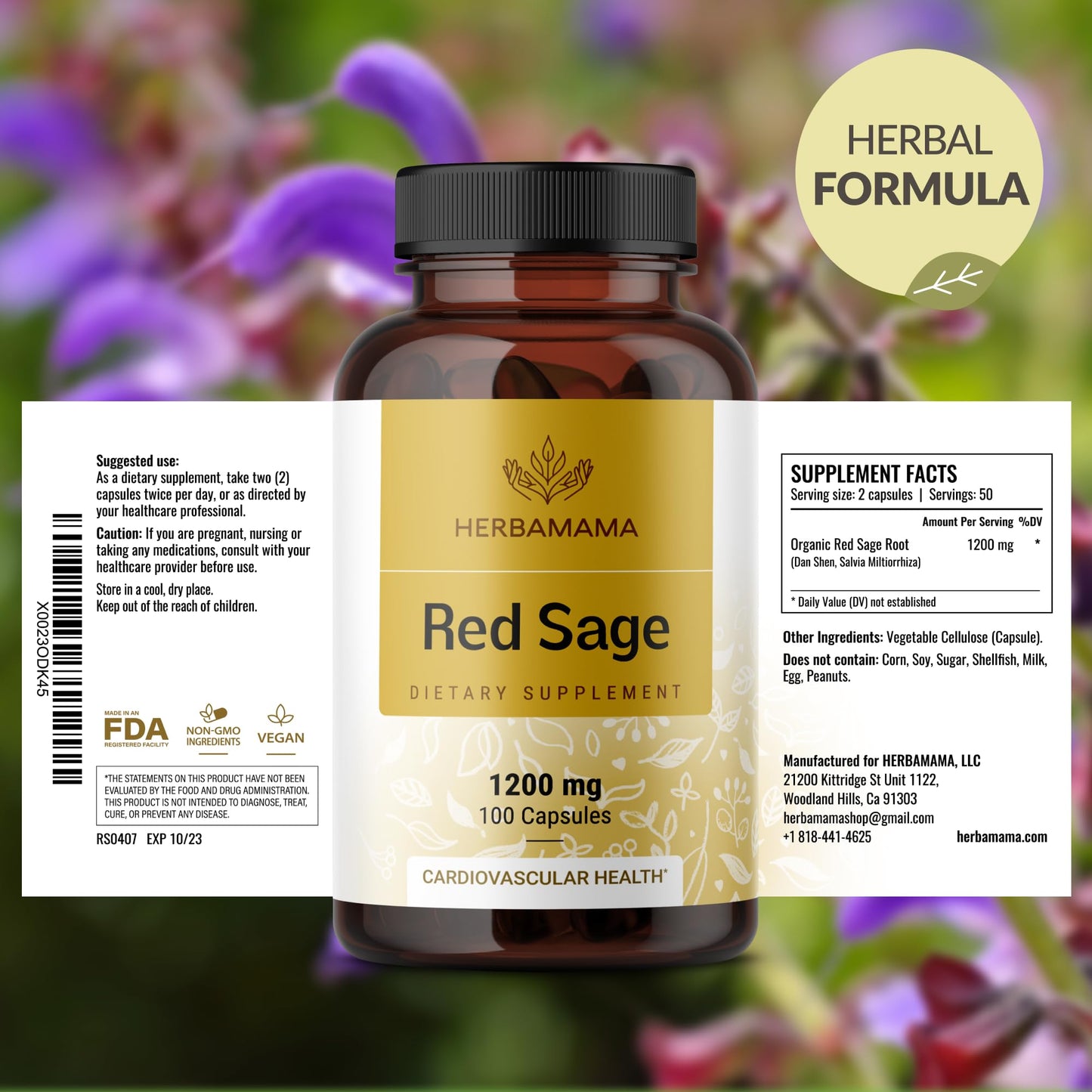 HERBAMAMA Red Sage Root (Dan Shen) Supplement Capsules, 1200mg, 100 Capsules