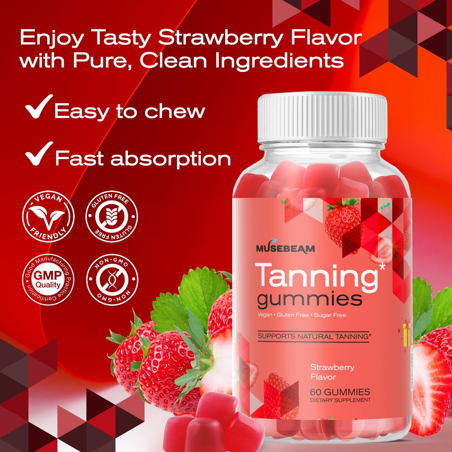 Musebeam Tanning Gummies for Women, Self Tan Chews, 60 Count