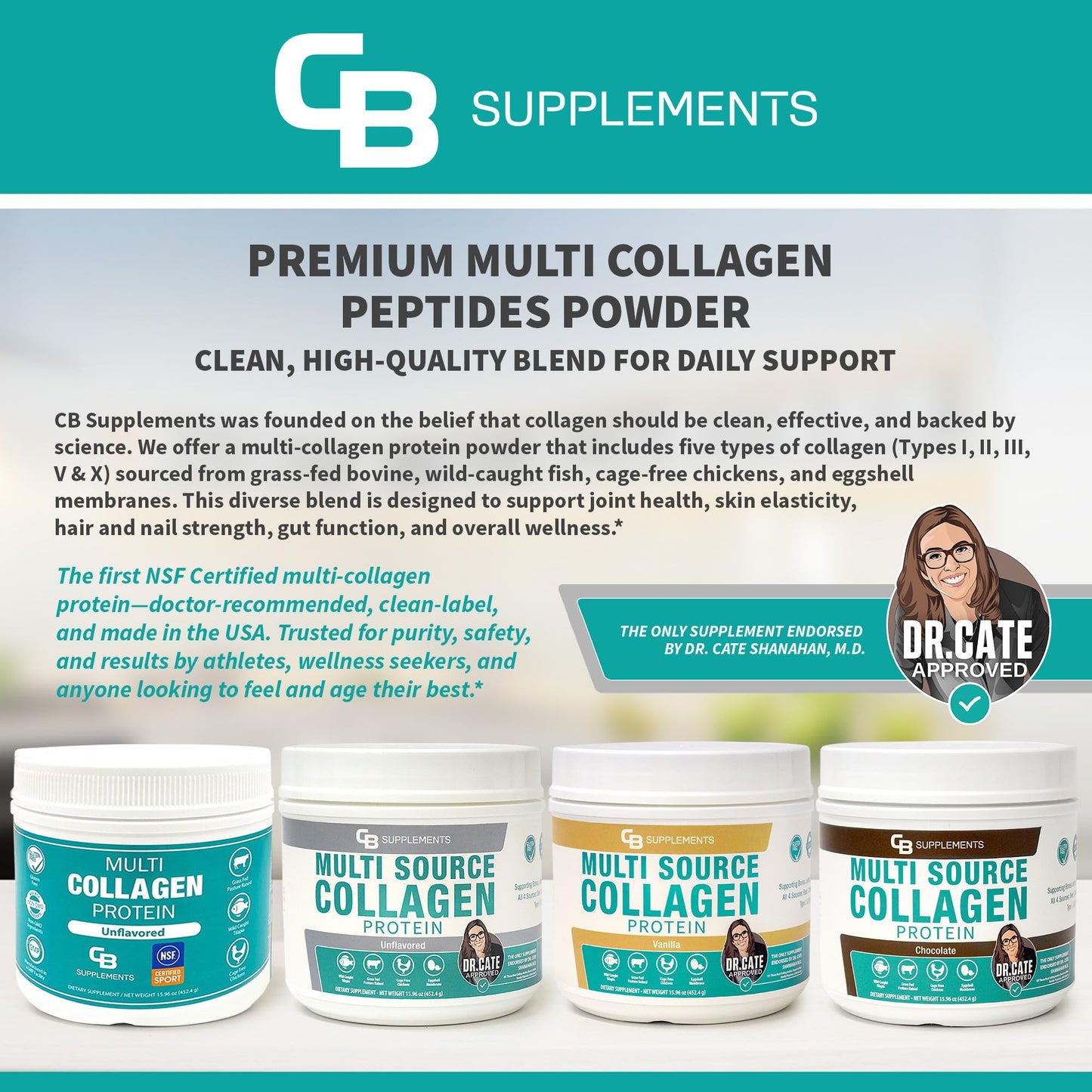 CB Supplements NSF Certified for Sport Multi Collagen Protein Powder, 15.9 oz