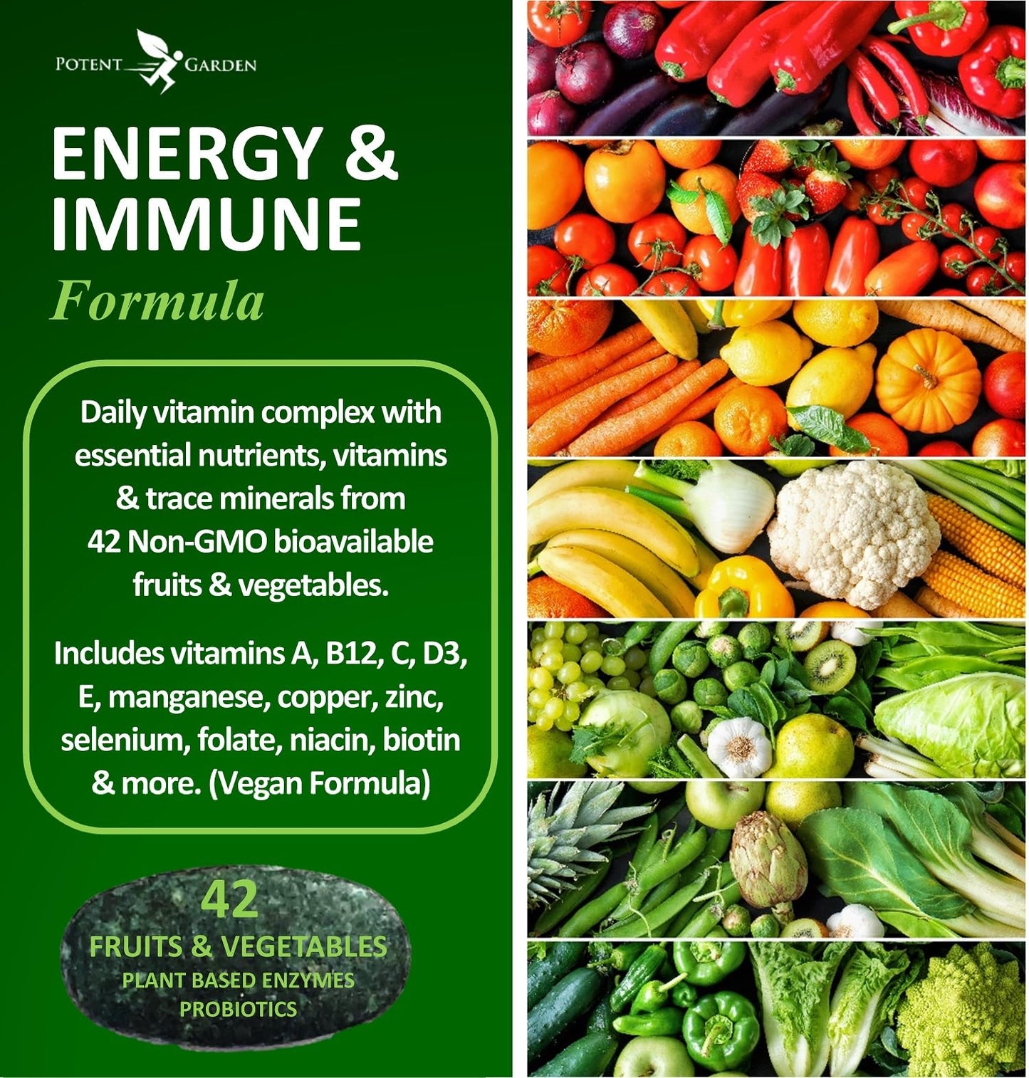 Potent Garden Multivitamin for Men & Women – 42 Fruits & Vegetables, Probiotics & Enzymes, Daily Whole Food Supplement for Energy, Immune Support & Digestion, Non-GMO, 90 Tablets