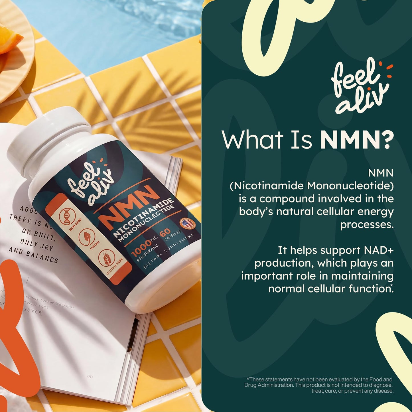 Feelaliv NMN Supplement 1000mg Per Serving Nicotinamide Mononucleotide Capsules NAD+ Precursor Cellular Energy & Metabolic Support Clean Label Vegan, 60 Capsules