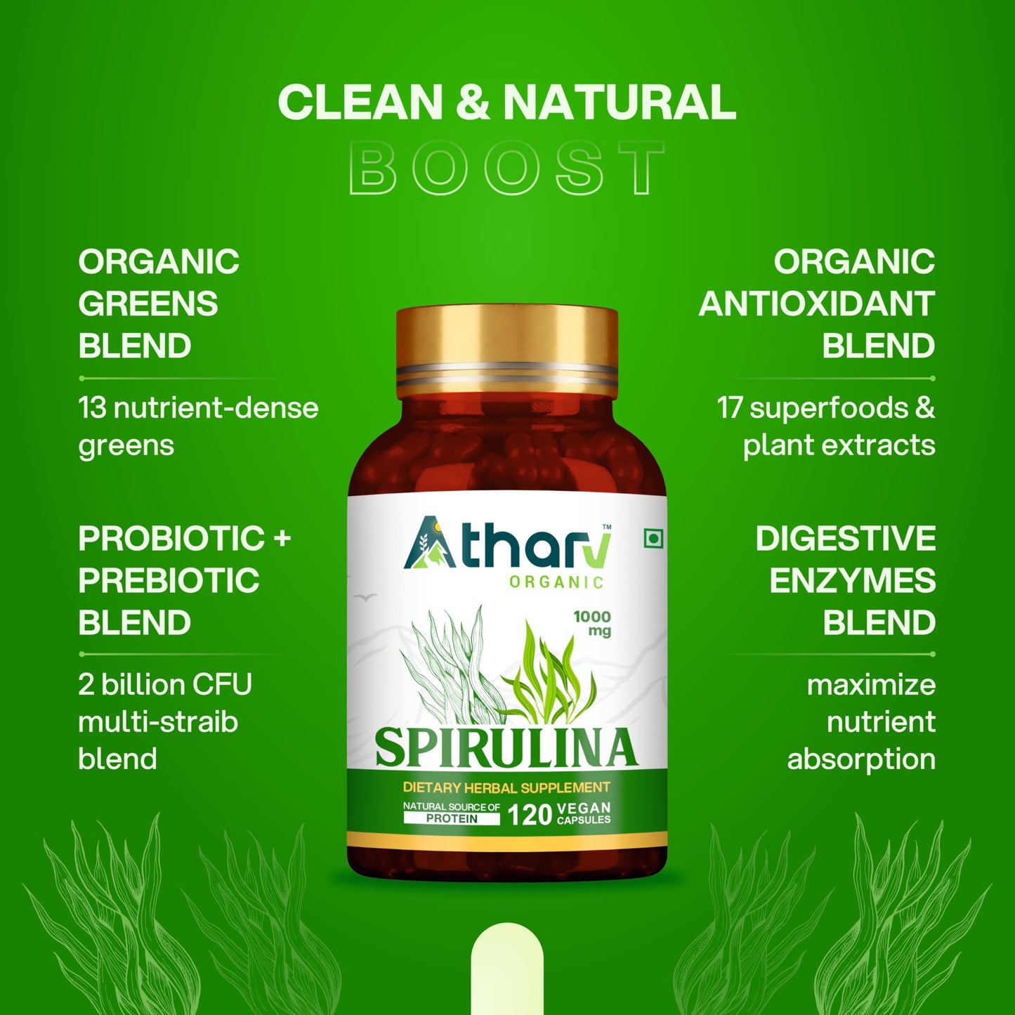 ATHARV ORGANIC Spirulina Supplement 1000mg Capsule, 120 Count