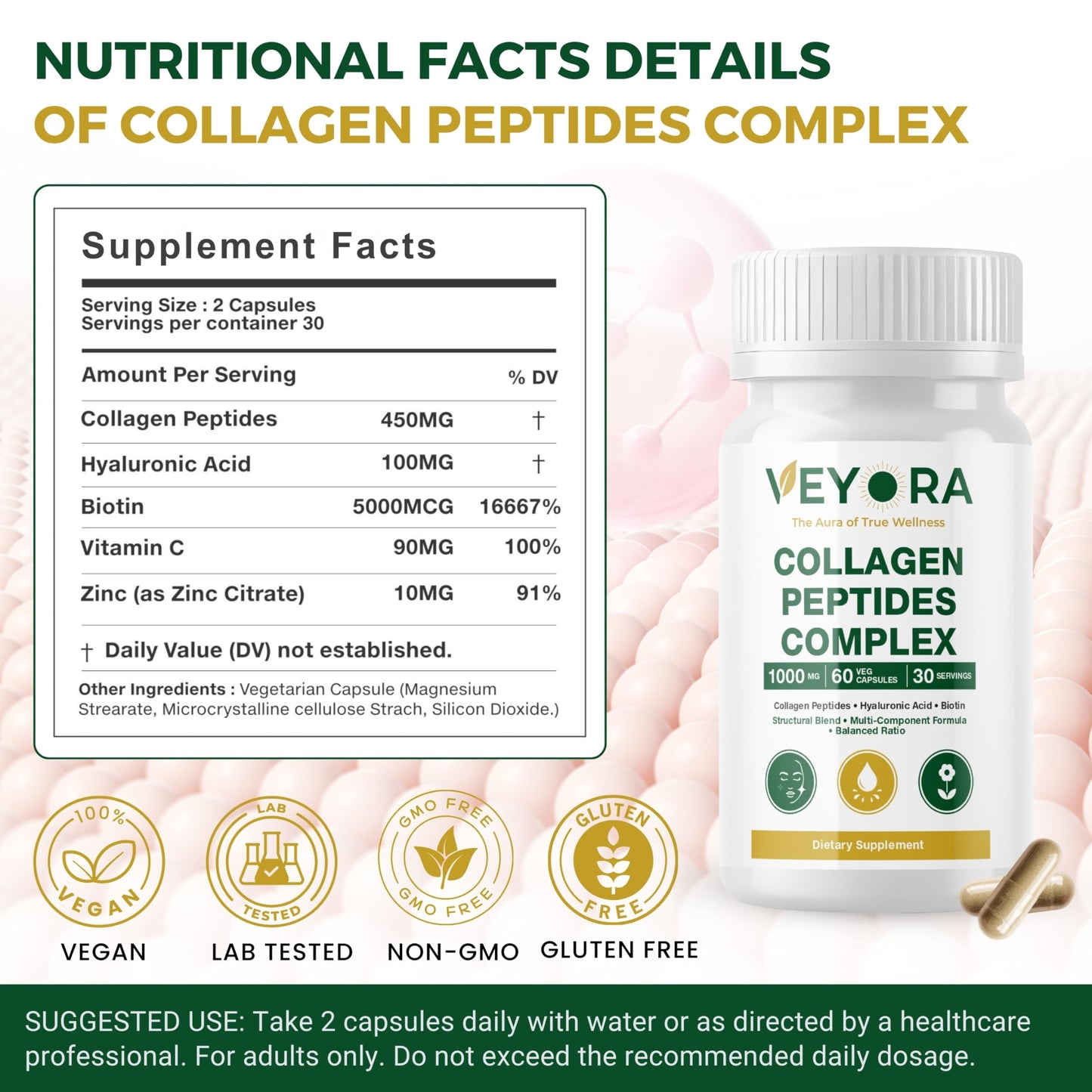 VEYORA Collagen Peptides Complex 1000 mg Capsules, 60 Count