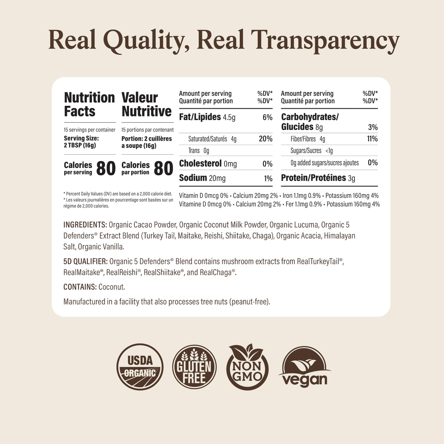 Real Mushrooms Organic Unsweetened Hot Chocolate Mix Powder 8.46 Ounce