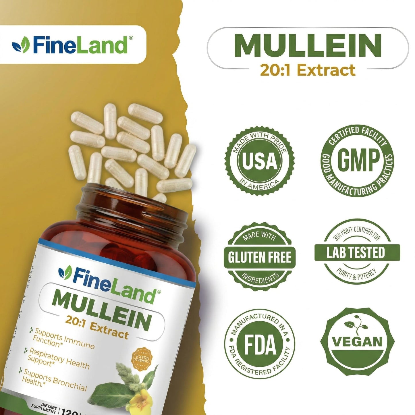 FineLand Mullein Extract Lung Cleanse & Respiratory Support Supplement, 120 Vegan Capsules