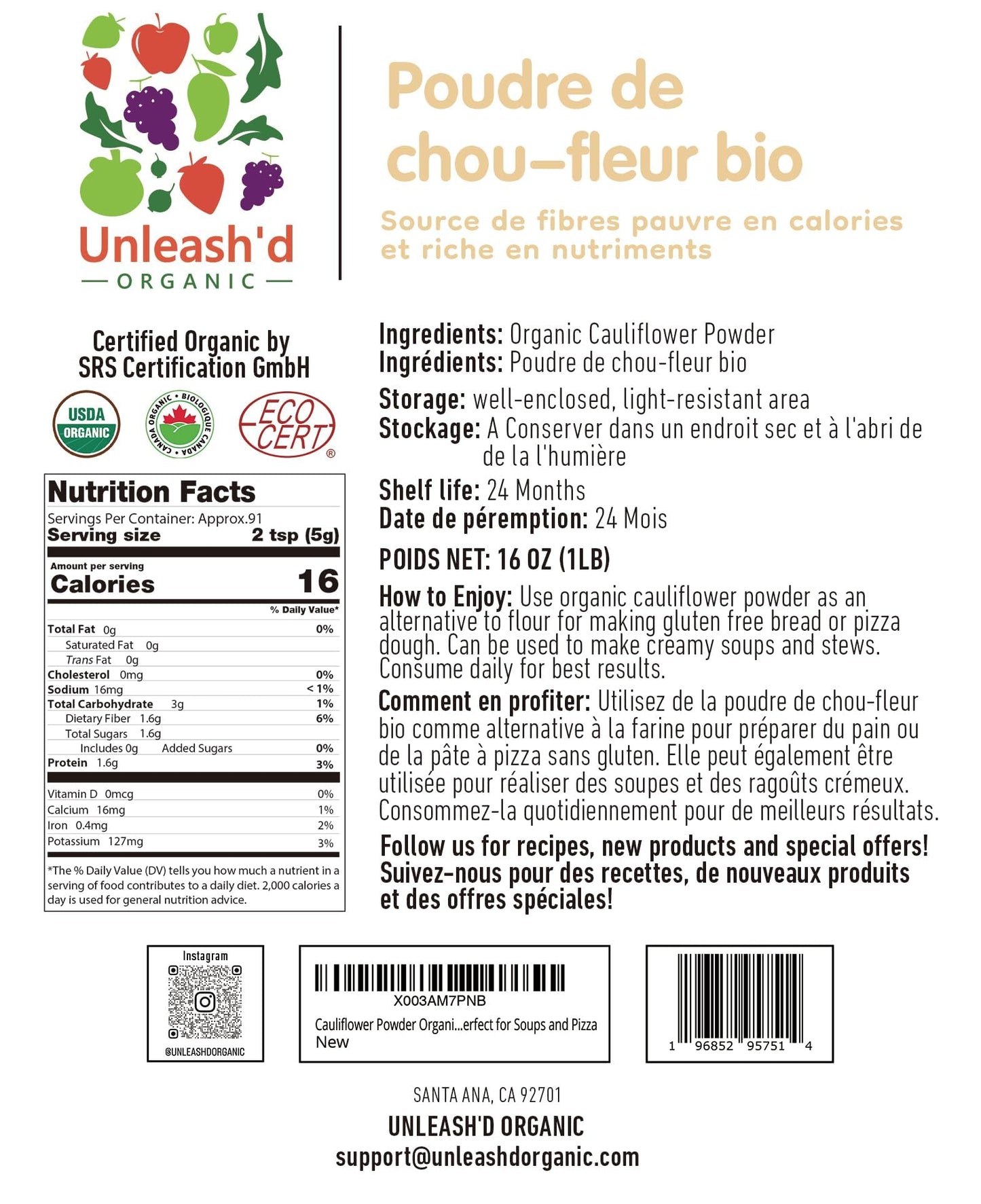 Unleash’d Organic Cauliflower Powder, 16 oz