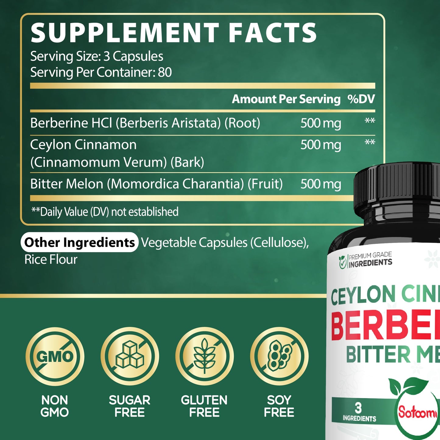 Satoomi Berberine 1500mg Supplement with Organic Ceylon Cinnamon Bark & Bitter Melon, 240 Capsules