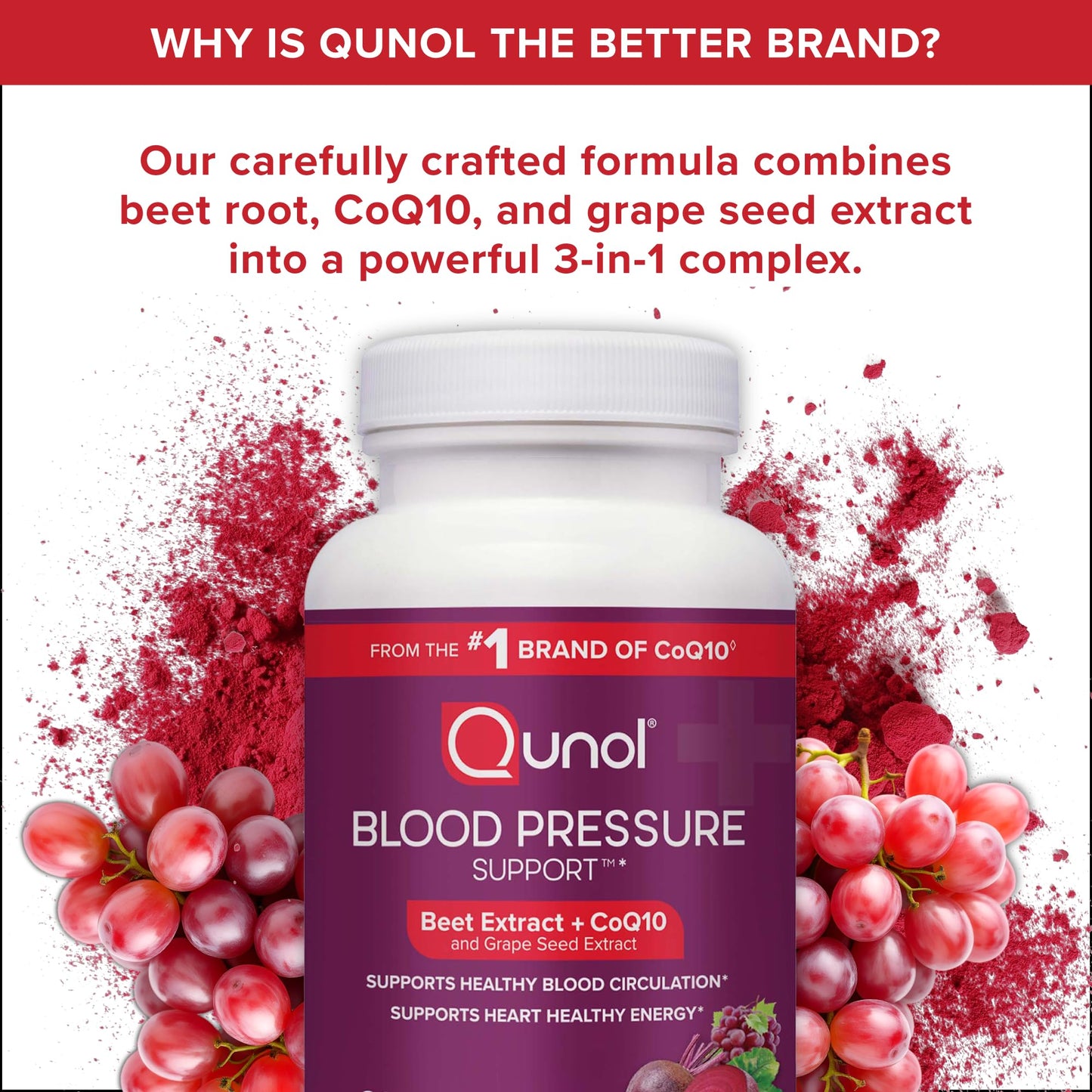 Qunol Blood Pressure Support 3 in 1 Beets + CoQ10 + Grape Seed Extract Beet Root Capsules, 60 Count
