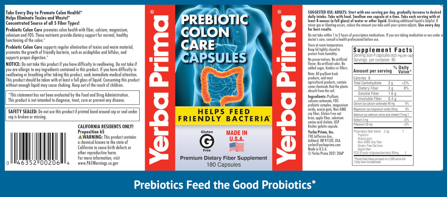 Yerba Prima Prebiotics Colon Care Fiber Capsule, 180 Capsules