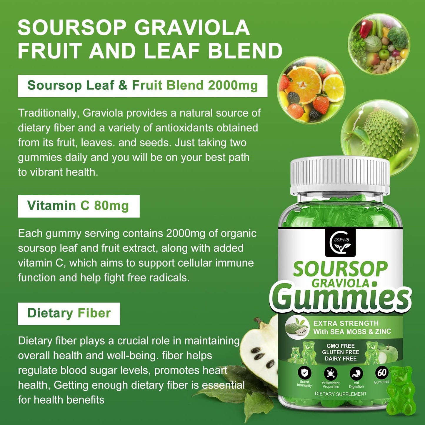 GORNVB Organic Soursop Graviola Gummies - 2200mg Extra Strength Soursop Leaves Extract with Sea Moss Extract 200mg, Zinc & Vitamin C - Supports Immunity, Liver, Zzz & Antioxidant - Gluten Free, Vegan, 60 Gummies