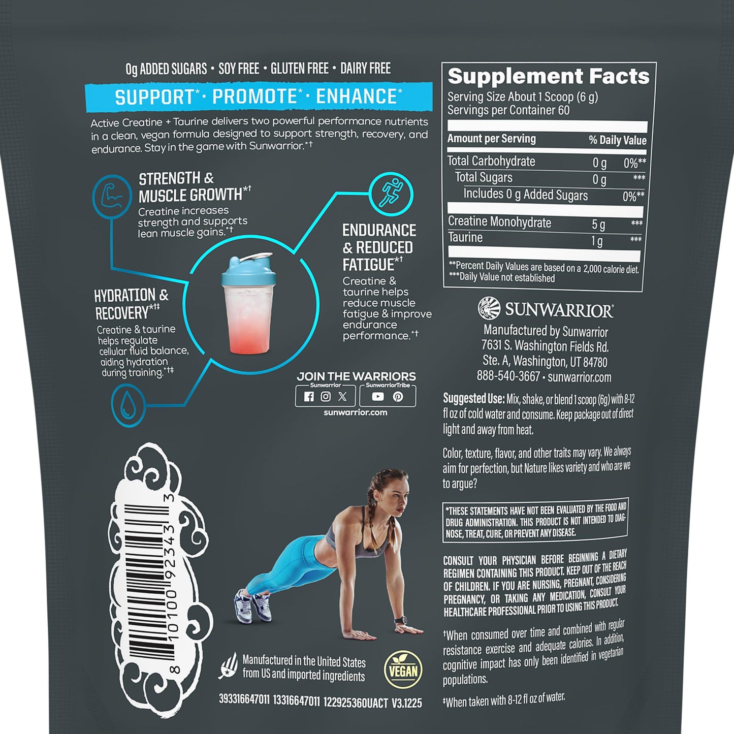 Sunwarrior Creatine Monohydrate Powder Taurine Supplement, 60 Servings