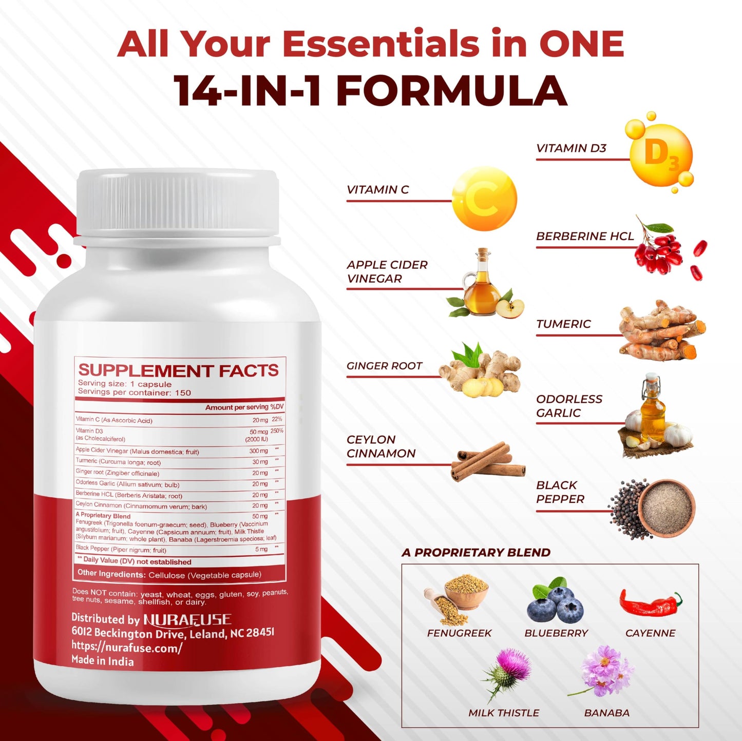 NURAFUSE Apple Cider Vinegar 14-in-1 Supplement Capsule with Turmeric, Ginger, Garlic, Cinnamon, Fenugreek, Blueberry, Milk Thistle, Banaba, 150 Count