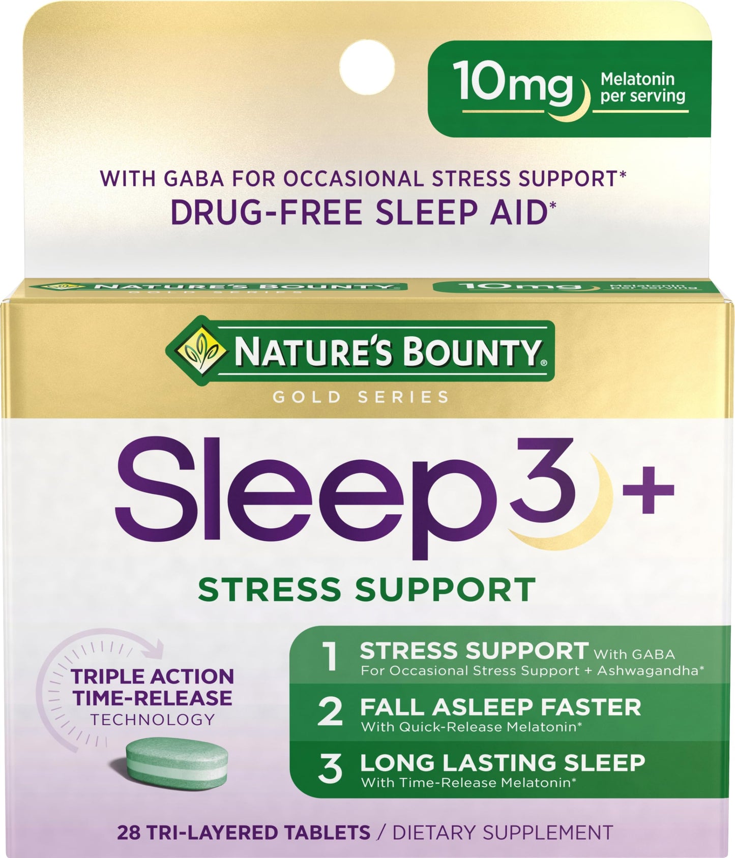 Nature's Bounty Stress Support Plus Melatonin Sleep3 Maximum Strength 10mg, 56 Tablets