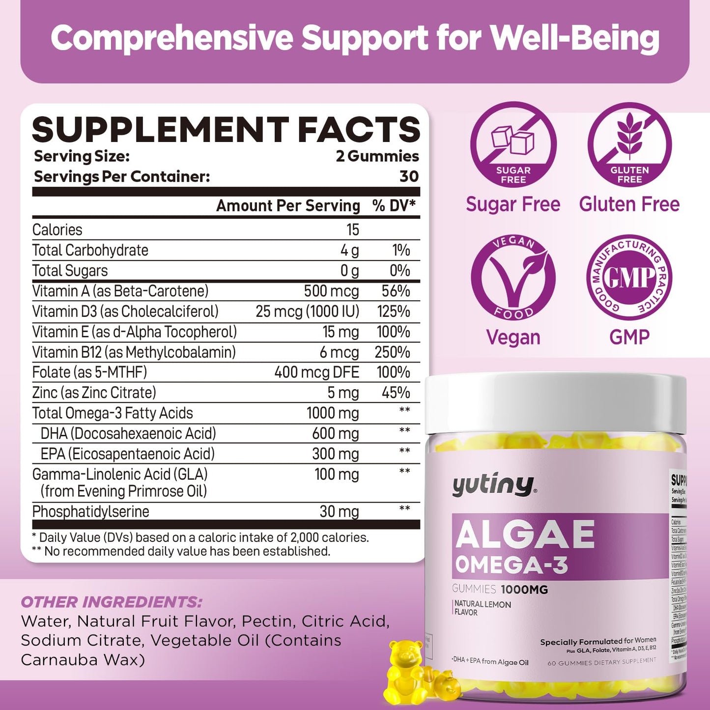 Yutiny Vegan Omega 3 Gummies for Women, 60 Count