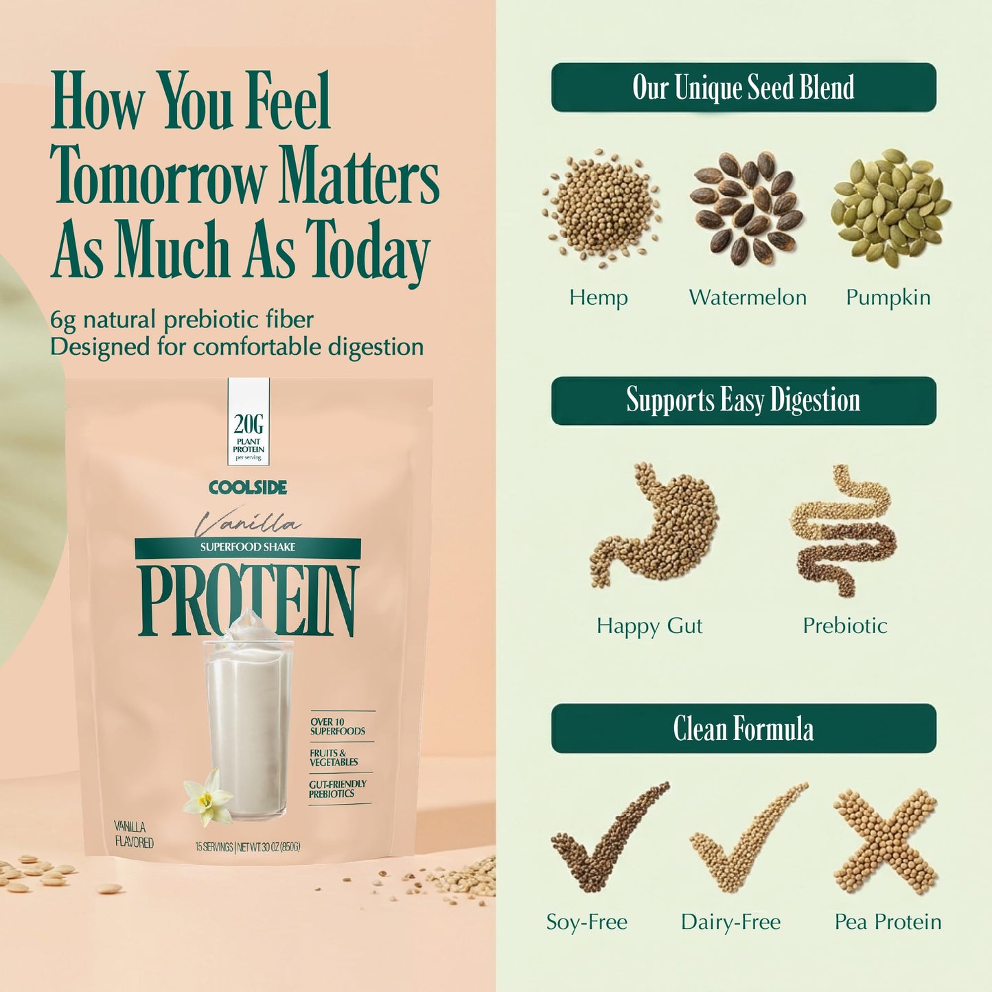 Coolside Clean Plant Based Protein Powder, Probiotics | Vanilla | 30 Servings