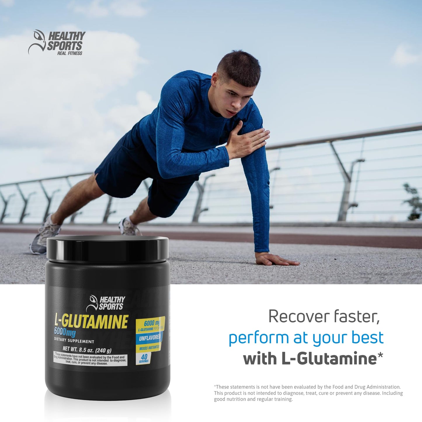 HEALTHY SPORTS L-Glutamine Powder 6000mg Recovery Gut Health 40 Servings