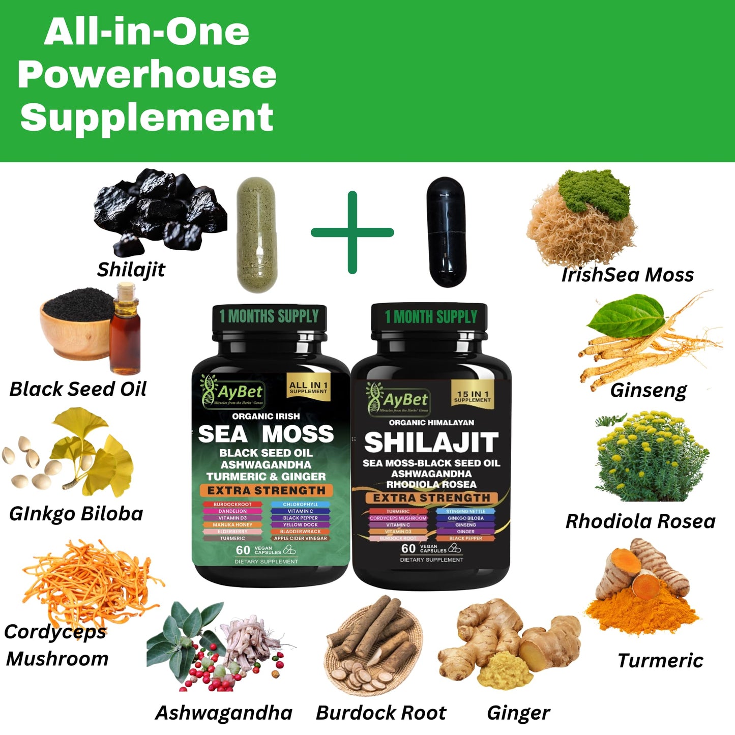 AyBet Sea Moss & Himalayan Shilajit Supplement Combo Capsules 120 Count