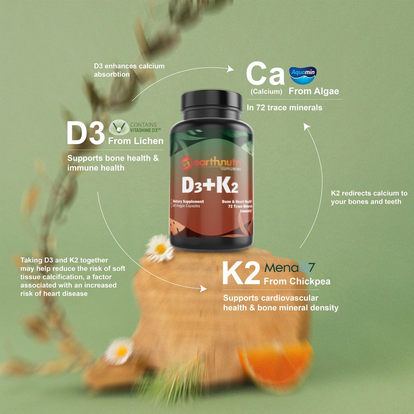 EarthNutri Vitamin D3 Plus K2 Capsule, 60 Count