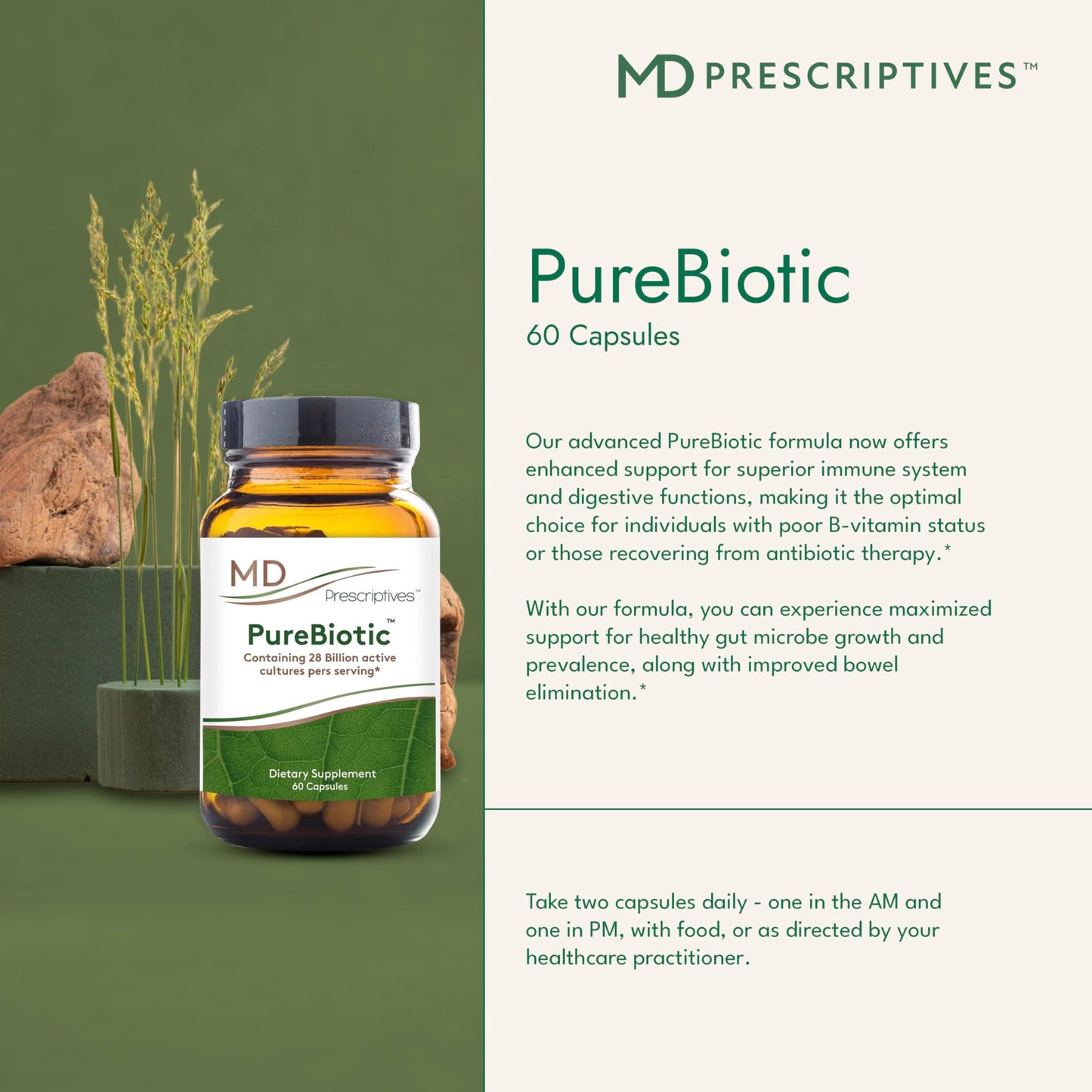 MD Prescriptives PureBiotic Probiotic Dietary Supplement for Digestive & Gut Health 60 Capsules
