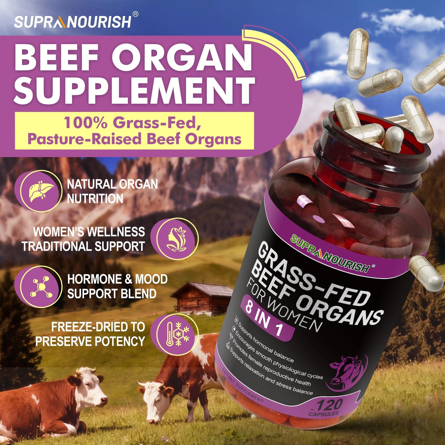 SUPRANOURISH Grass Fed Beef Organs for Women - Liver, Kidney, Heart, Uterus & Ovary Complex with Vitex, Evening Primrose Oil & Ashwagandha, Capsules, 120 Count