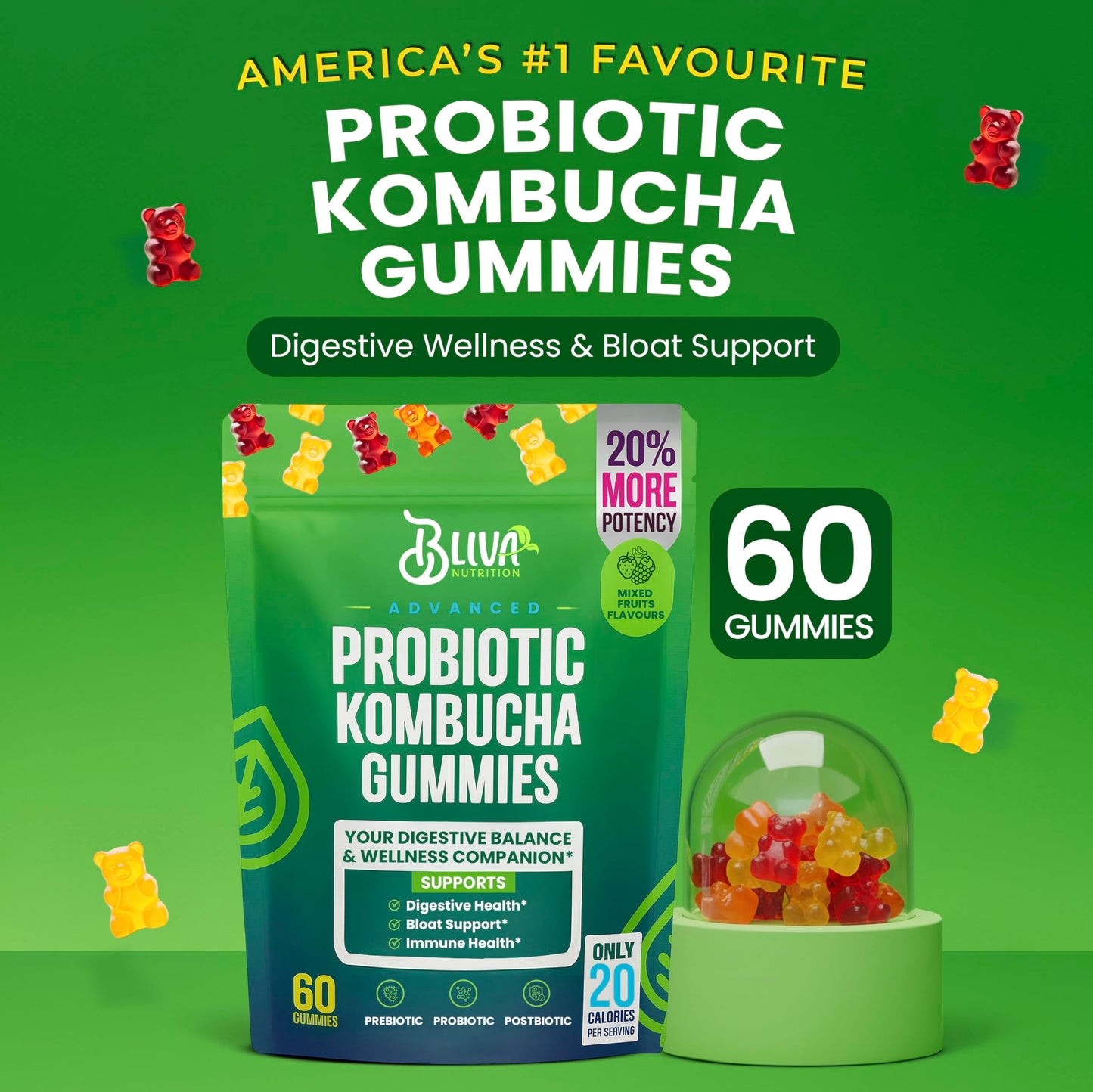 BLIVA NUTRITION Probiotic Kombucha Gummies for Men & Women, 60 Count