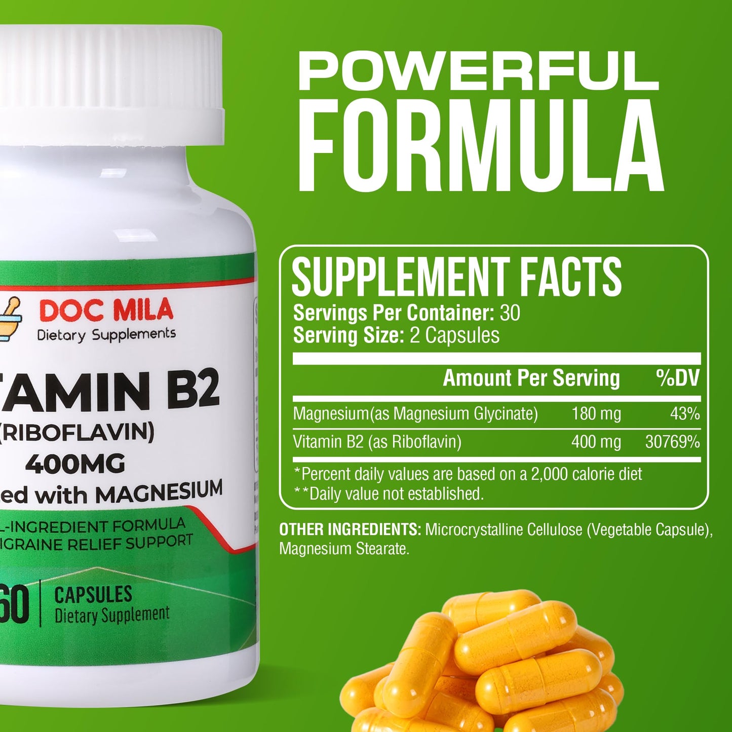 Doc Mila Vitamin B2 Riboflavin 400mg Capsule, 60 Count