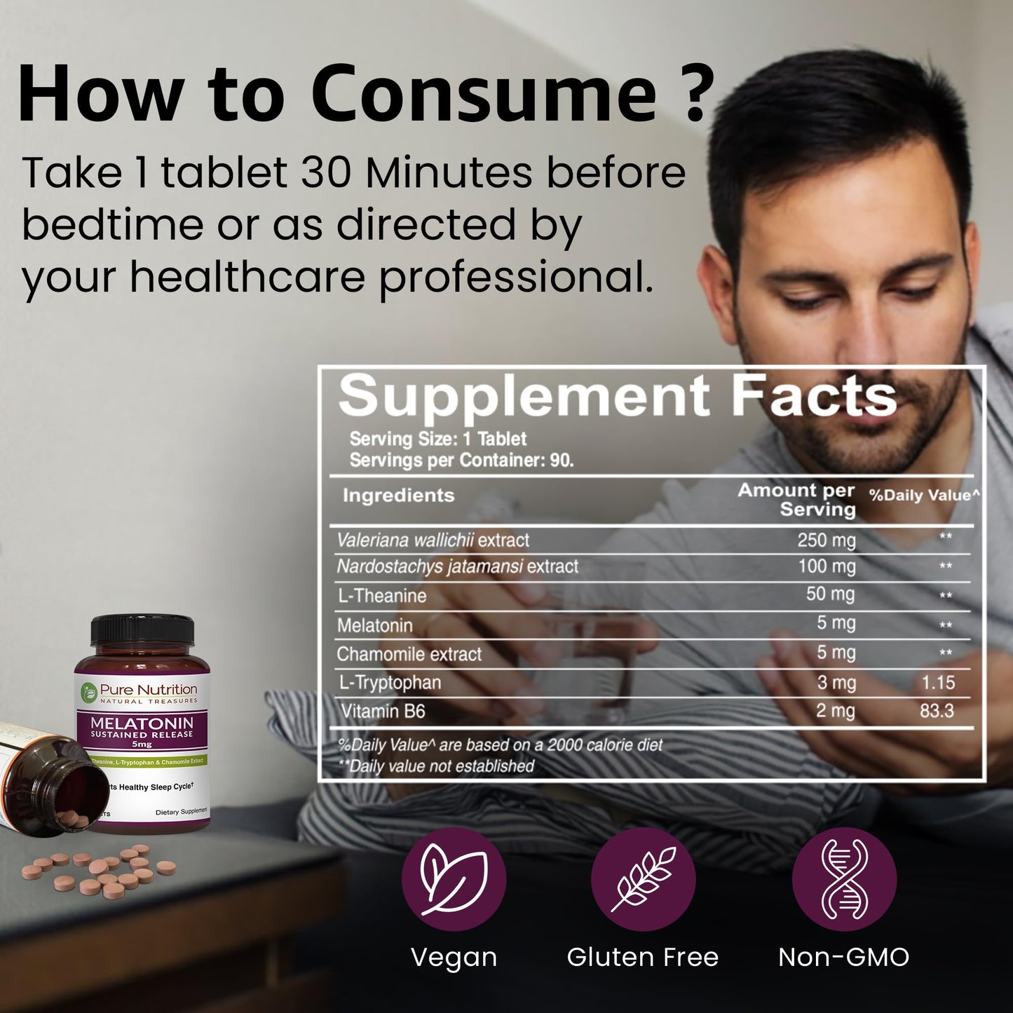 PURE NUTRITION NATURAL TREASURES Melatonin 5mg with Valeriana Wallichii Tablets, 90 Count