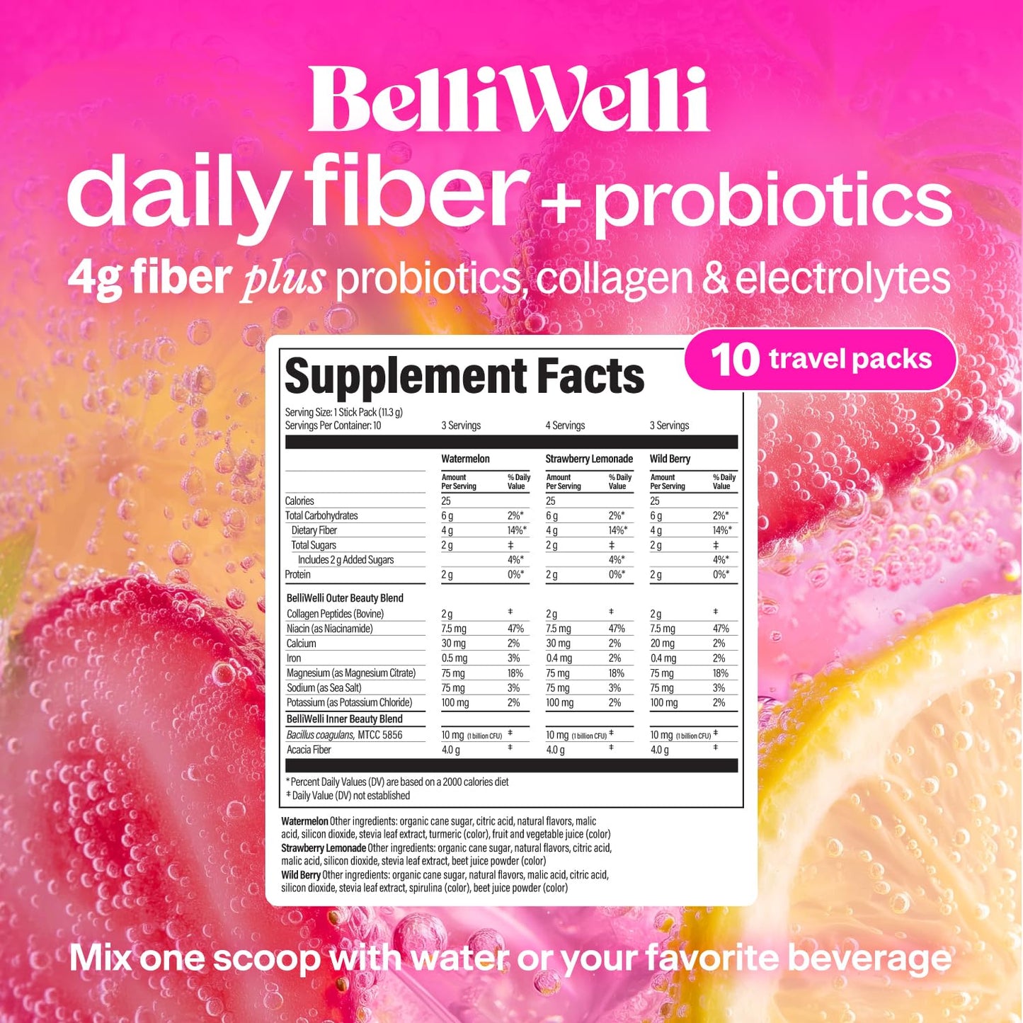 Belli Welli Daily Fiber Supplement Packets with Collagen, Probiotics & Electrolytes Powder, 10 Count