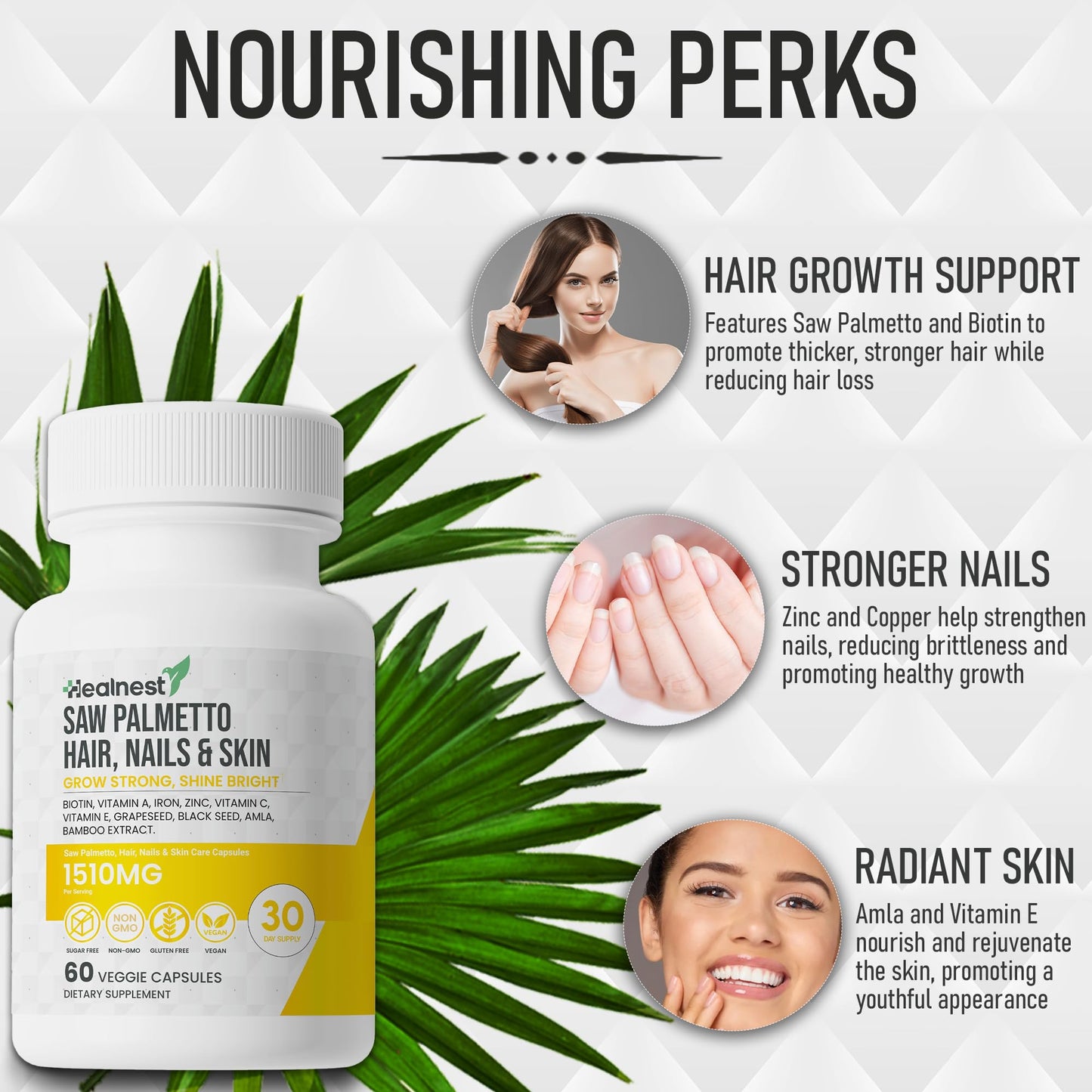HEALNEST Hair, Nails & Skin Care Supplement with Saw Palmetto, Biotin, Amla - Veggie Capsules, 60 Count