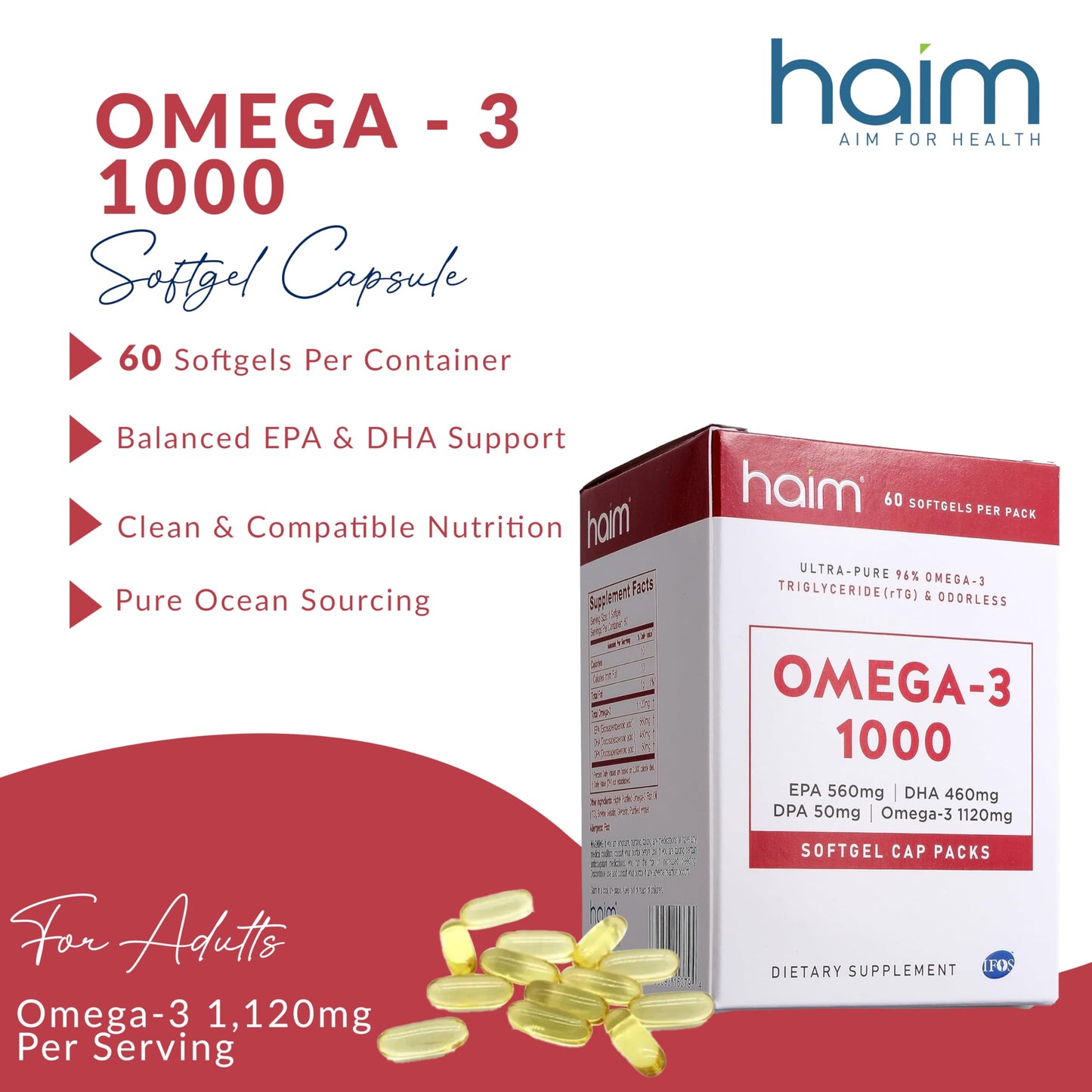 HAIM Omega-3 1000 Fish Oil Softgels 60 Count