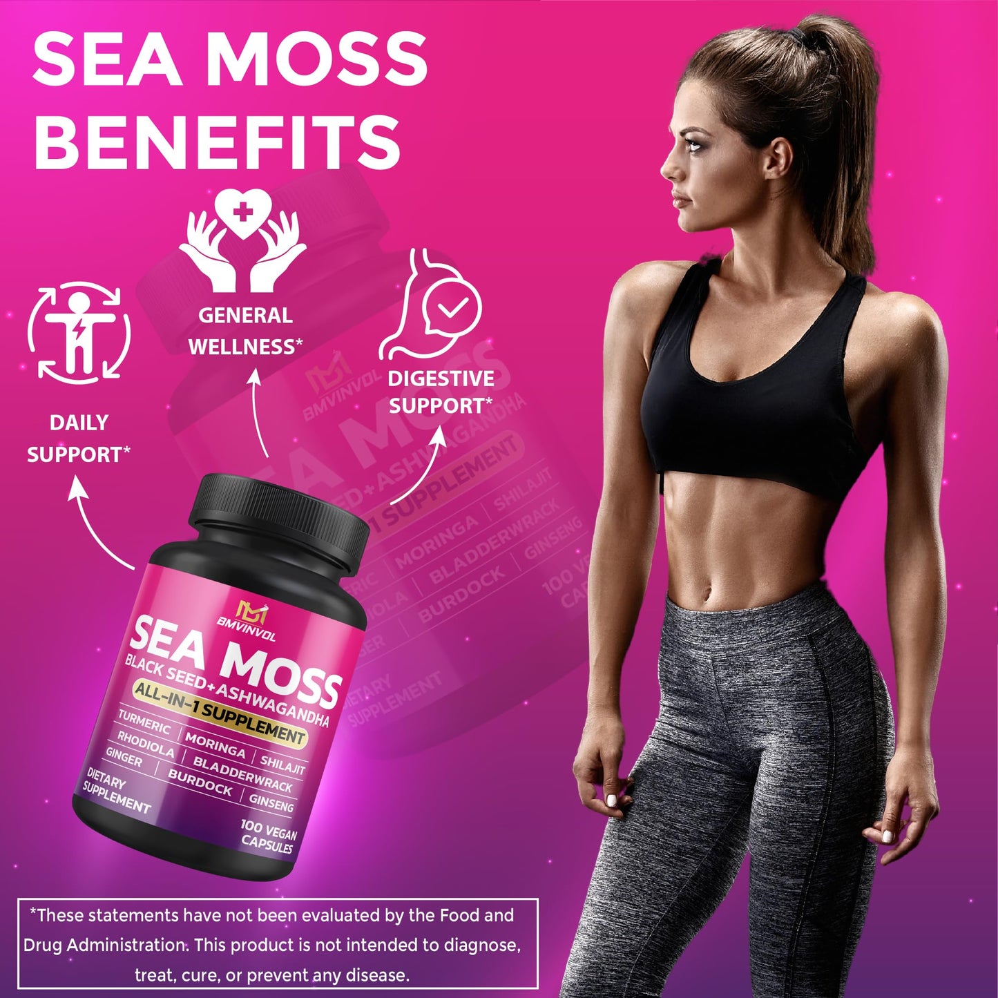 BMVINVOL Sea Moss Black Seed Shilajit Ashwagandha + Bladderwrack, Ginger, Moringa, Turmeric, Burdock, Ginseng, Rhodiola Rosea, 100 Capsules